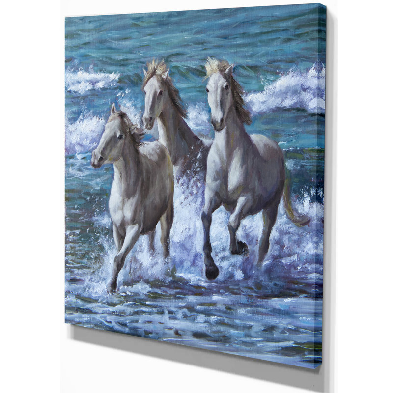 " Three Horses Running In Seaside ", 20" H x 12" W x 1" D, Wrapped Canvas