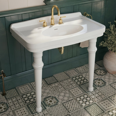 Console de lavabo Whitehaus de 41 po avec cuve ovale intégrée, dosseret de faible hauteur, support pour pieds et trop-plein en céramique