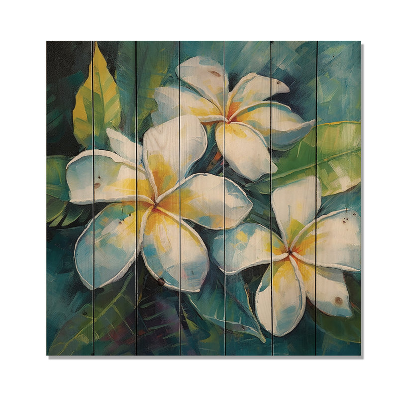 Plumeria symphonie blanche I - Plumeria, art sur bois de pin naturel, H 15 po x l 15 po