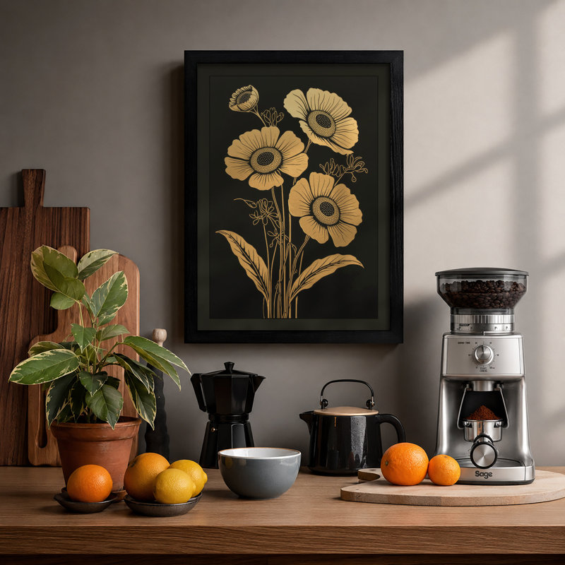 Sunflowers in Gold Botanical - Framed Print, A2 - 59.4 x 42.0 cm, Black