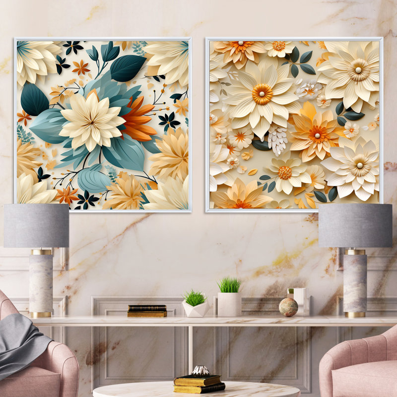 Hippolyte - Ensemble de 2 collages floraux carrés, Cadre flottant blanc, H 30 po x l 61 po