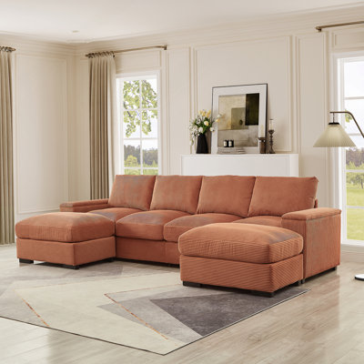 Sectional Sofa Deep Seat Sofa Couch With Ottomans, Corduroy Sofa Sleeper Comfy Upholstered Furniture For Living Room, Apartment, Office, (4-Seat & 2-Ottoman,Orange)