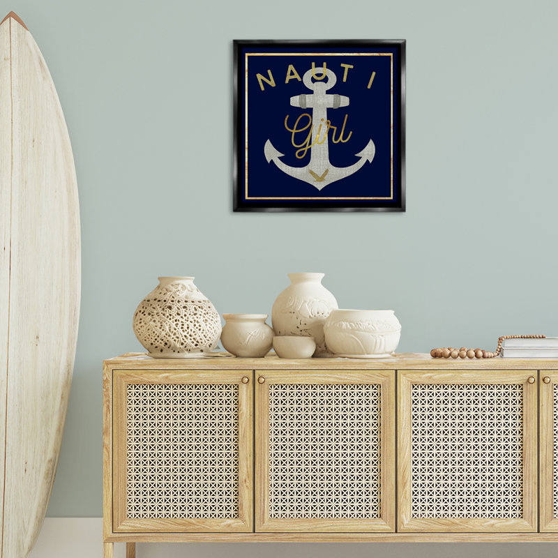 «Nauti Girl with Anchor», art mural encadré flottant par Graffi * Tee Studios, Cadre flottant noir de jais, H 25 po x l 25 po