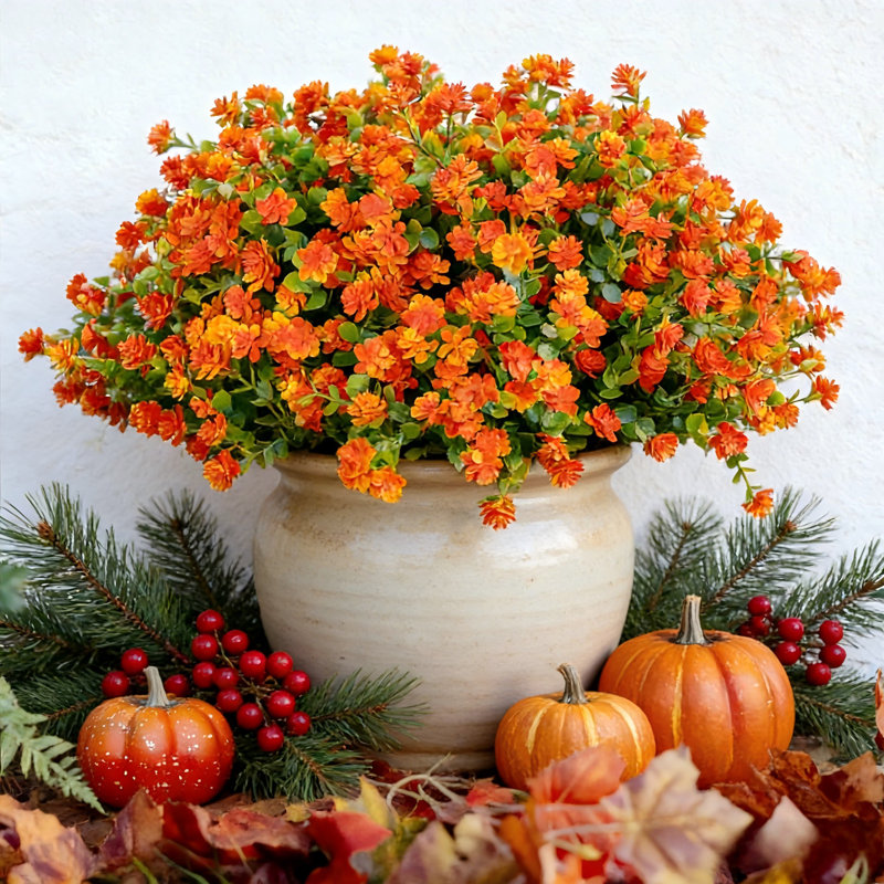 12 bouquets de fleurs d'eucalyptus artificiels - plantes simulées - orange grand teint
