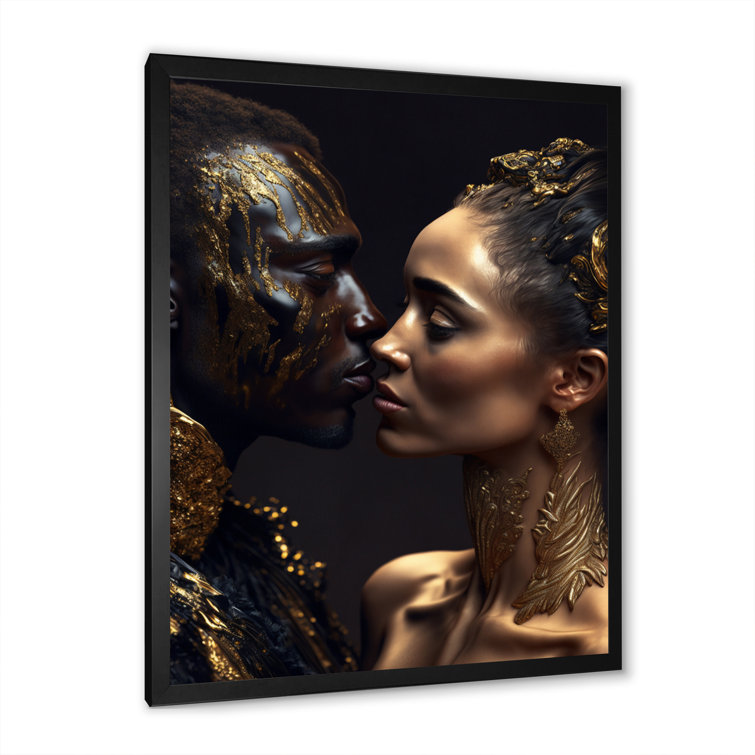Gold African Amercian Couple Kissing - Traditional Canvas Wall Art