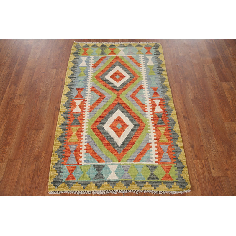 Tapis oriental multicolore en laine Kilim 3 x 4