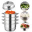 Cuiseur à vapeur à 5 niveaux en acier inoxydable, casserole à cuisson multicouche de 11 po avec poignées des deux côtés, fonctionne au gaz, électrique, plaque de cuisson pour barbecue, diamètre 28 cm, argent