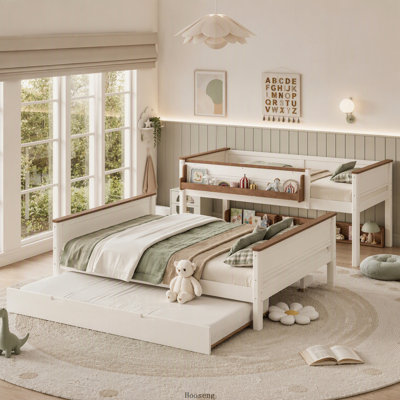Lit superposé en bois (1 place en haut, 1 place en bas) avec lit gigogne, tablette de rangement latérale et structure démontable, beige et naturel.