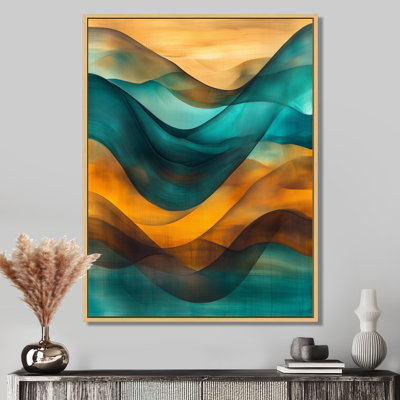 Toile brune, art mural abstrait turquoise, vagues de turquoise et de brun