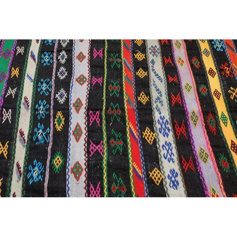 Vintage Handwoven Turkish Kilim Rug: Colorful Striped Bohemian Carpet with Geometric Pattern