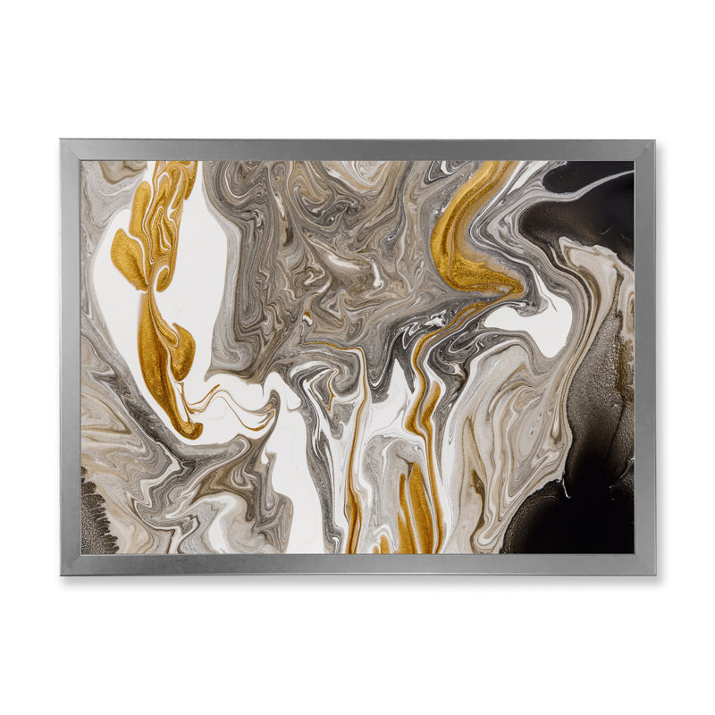 Vagues de marbre dorées et grises - peinture sur toile, H 30 po x l 40 po, Cadre photo argenté