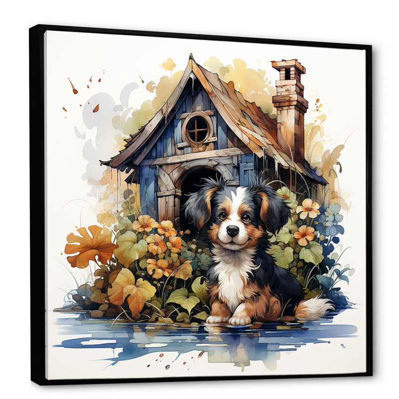 «Puppy Doghouse Blooms II», art mural chien, Cadre flottant noir, H 16 po x l 16 po x P 1 po