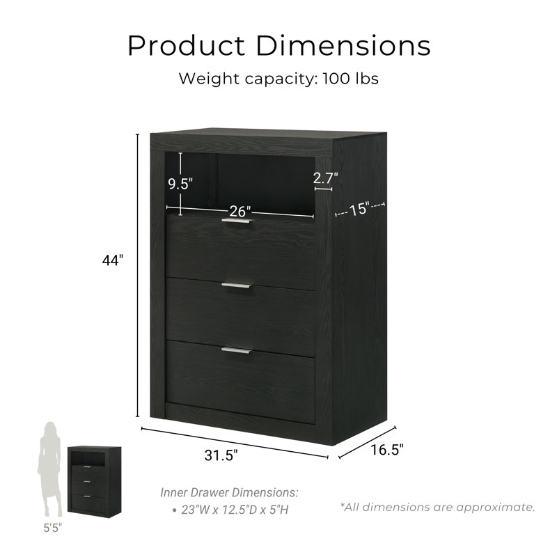Commode 3 tiroirs avec tablette Hildebran, Noir