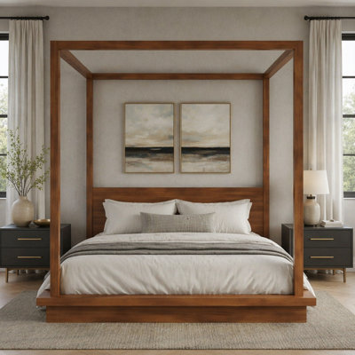 Très grand lit plateforme à baldaquin en bois avec tête de lit, durable et élégant pour les chambres modernes et traditionnelles