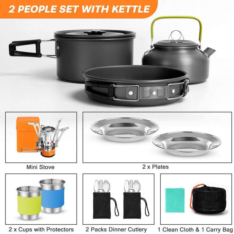 c&g outdoors 16Pcs Camping Cookware Set With Folding Camping Stove,  Non-Stick Lightweight Pot Pan Kettle Set With Stainless Steel Cups Plates  Forks Knives Spoons For Camping Backpacking Outdoor Picnic