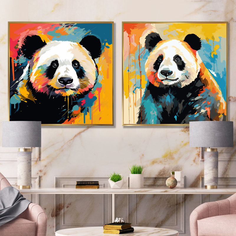 Pop Art Coloful Panda I - ensemble de 2 décorations murales Panda, Encadrement doré, H 16 po x l 33 po x P 1 po