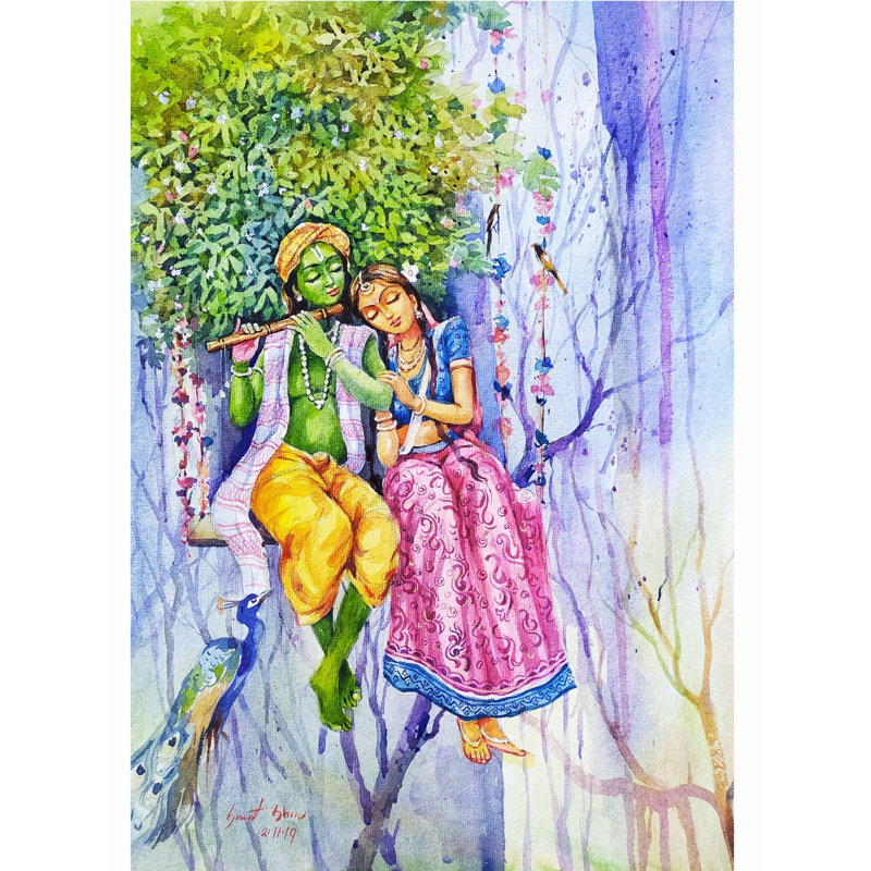 Radha Krishna On Swing Together | Watercolor On Paper | By Sarat Shaw