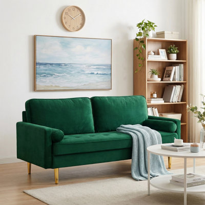 67" Mid Century Modern Loveseat Sofa, 2-Seater Velvet Tufted Love Seat Couch with Bolster Pillows, Golden Frosted Legs for Small Space, Living Room, Apartment, Bedroom