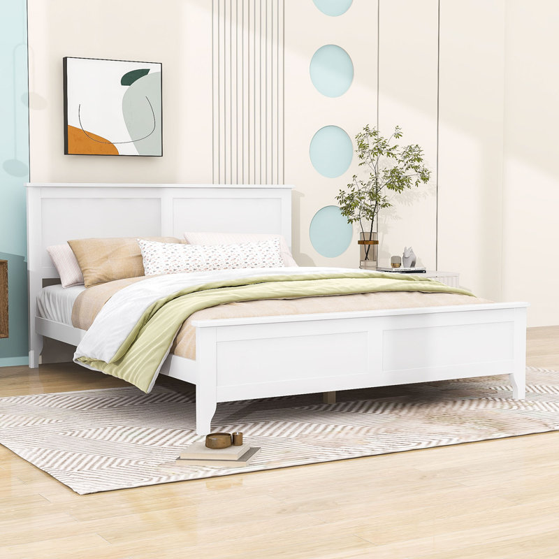 Audrey Wooden Platform Bed with Headboard and Slats Support, White, Queen