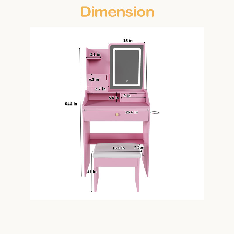 3-Color LED Vanity Mirror With Stool, Dressing Table For Bedroom, 2 Drawers & 5 Storage Cabinets, Pink