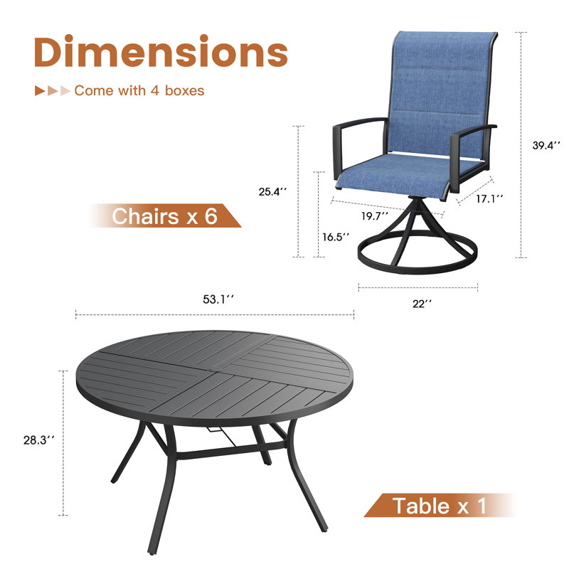 6-Person Patio Dining Set with Round Patio Dining Table and Padded Swivel Chairs, Black/Navy