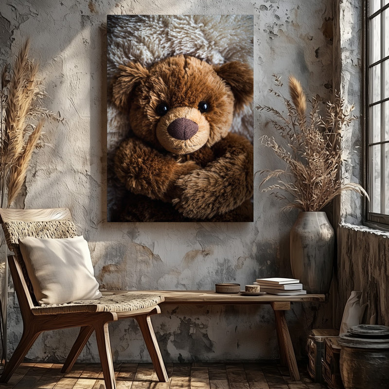 Toile, gros plan sur un ours en peluche qui révèle son art mural, H 12 po x l 9 po