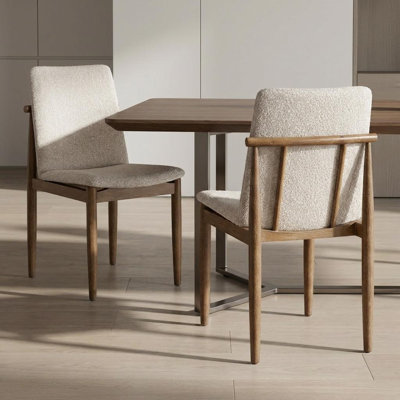 Ensemble de deux chaises de salle à manger d'appoint en bois massif et tissu bouclé crème et marron
