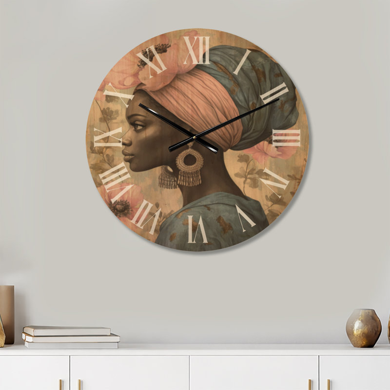 Horloge murale décorative glamour Floral Crowned Muse II, imprimée sur bois, Grand