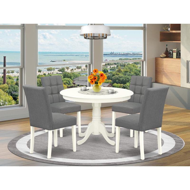 5 Piece Kitchen Table Set contain A Wooden Table and 4 Platinum Gray Polyester Fabric Dining Chairs with Stylish Back- Linen White Finish