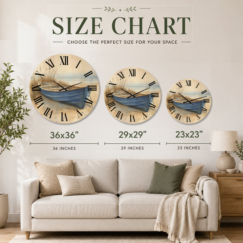 Horloge murale ronde Quiet Blue Rowboat - Bord de mer, imprimée sur bois massif, Extra Large