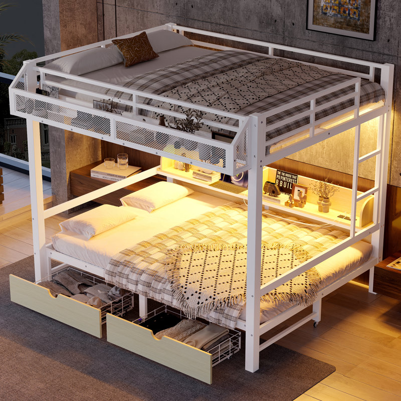Bunk Bed With Storage Shelves And Drawers,multifunctional Metal Bunk Beds With Usb Ports And Led Lights, Lower Bed That Can Be Converted Into A Sofa