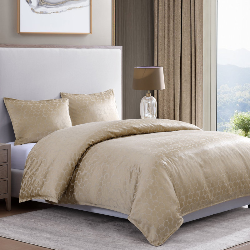 Ensemble d'édredon moderne en nid d'abeille métallique doré, Édredon grand + 2 taies décoratives standard