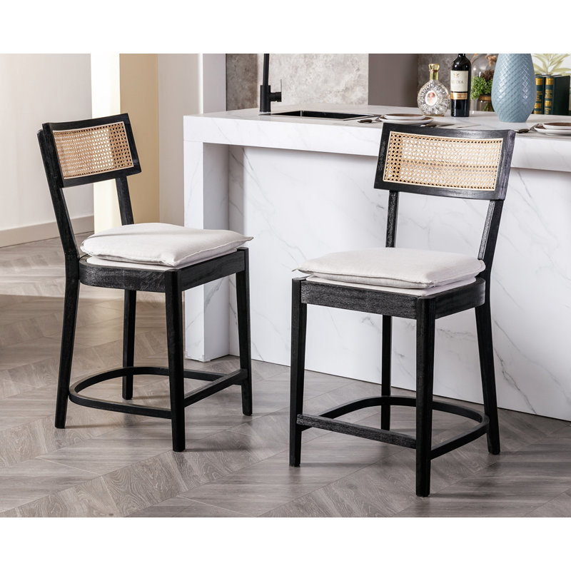Tabouret de comptoir en bois massif de 26,25 po Alyssya, Noir, Beige clair