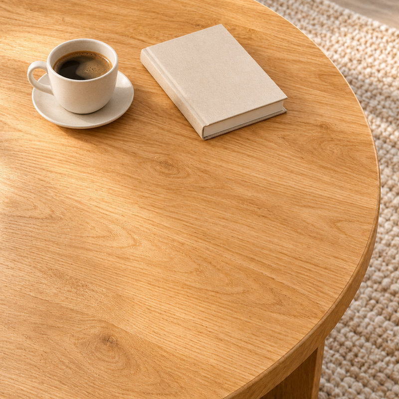 Table basse ronde 32,3 po, table basse Mid-Century, finition chêne, pieds en bois massif uniques