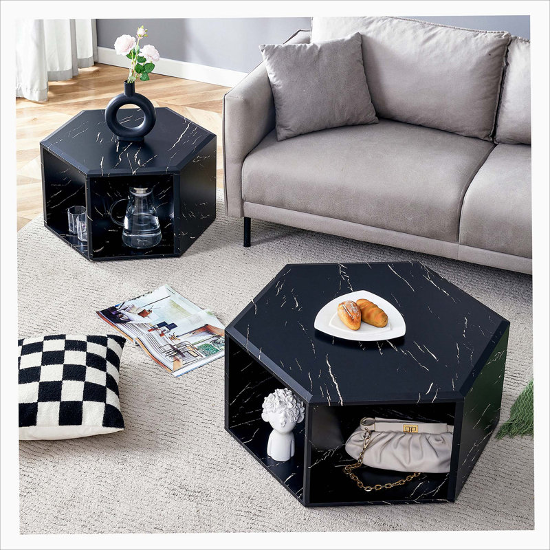Minimalist white patterns hexagonal Coffee Table Set.Hexagonal MDF coffee table, Black