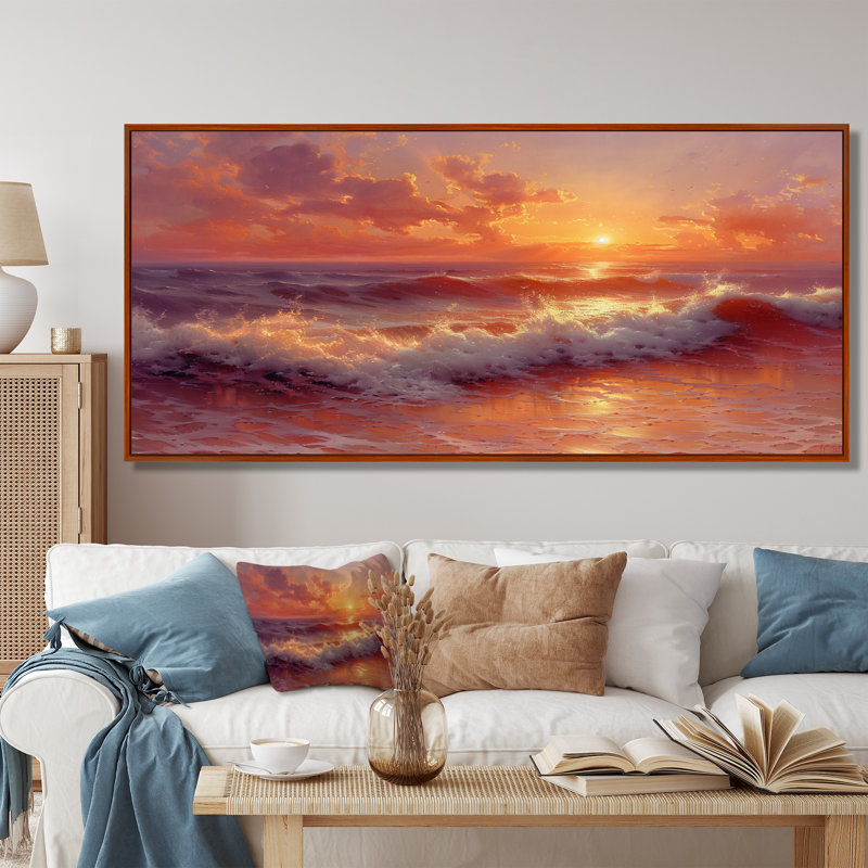 Beachside Sunset Paradise - Art mural plage, Cadre flottant brun, bois massif, H 28 po x l 60 po