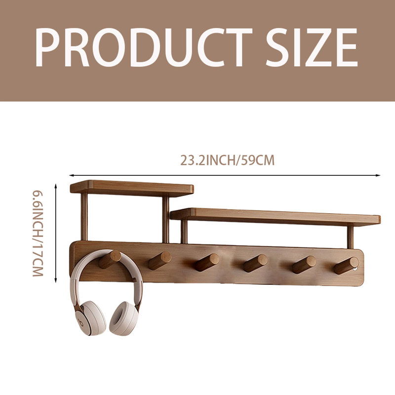 6 Hooks Wall Coat Hook Rack With Floating Shelf, Tan
