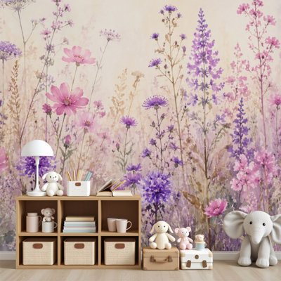 Peel and Stick Wall Mural Soft Lavender Pink Wildflower Meadow Delicate Floral Stems Leaves 69"H x 96"W Waterproof & Removable Wallpaper for Bedroom Living Room Dormitory Home Decor