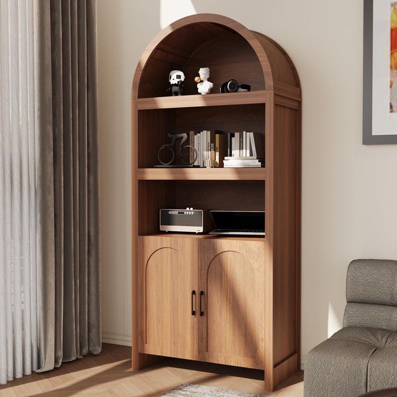 71" Tall Arched Bookcase, 5-Tier Wooden Bookshelf with Doors & Adjustable Storage Shelves, Walnut
