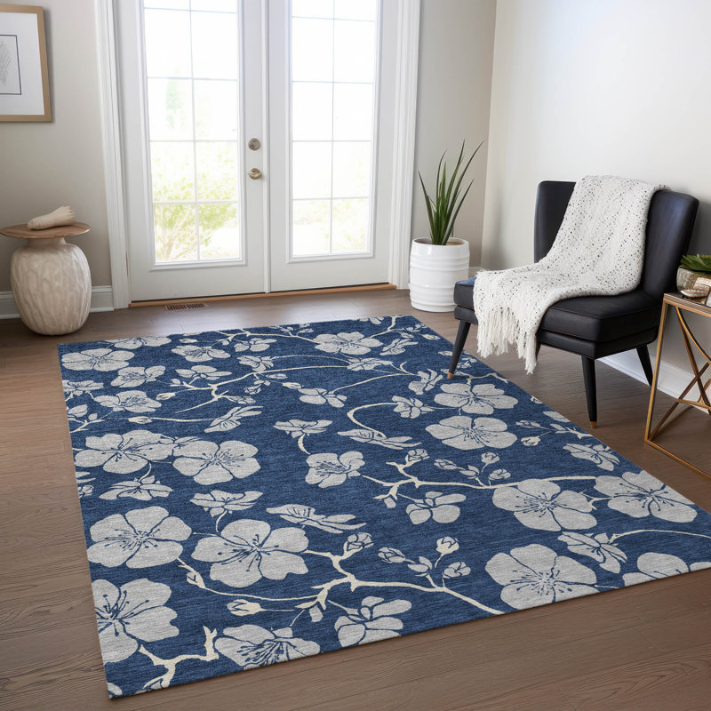 Navy Floral Synthetic Rectangular 5' x 7' Washable Rug