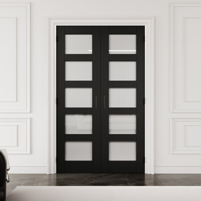 48" x 80" 5-Lite Black Frosted Glass Interior French Door with Black Hardware & Ball Catch & Handle, Privacy Glass Door Slab, Sound-Dampening & Waterproof, Suit for Laundry, Closet Doors, Room Doors, Assembly Required