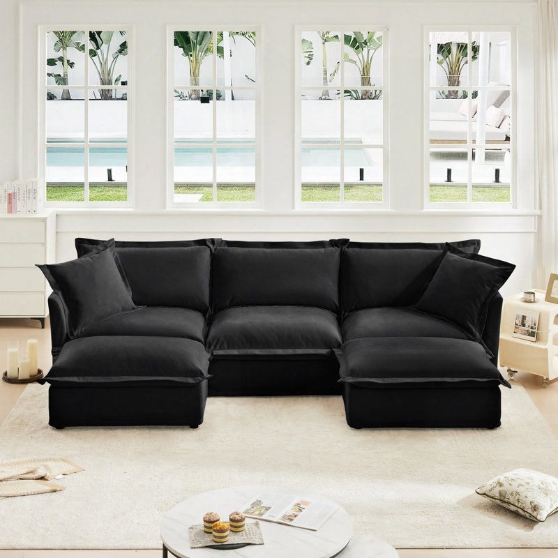 Evelyn U-Shaped Sectional Sofa with 2 Ottomans, 34.6" H x 120" W x 55" D,,  Black Chenille