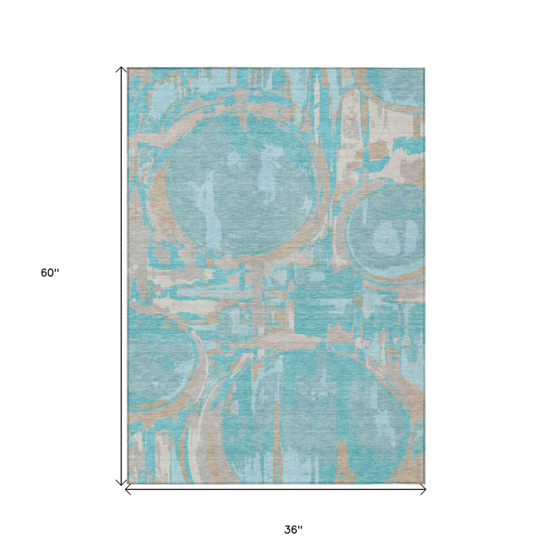 Tapis intérieur / extérieur 3 pi x 5 pi bleu turquoise et taupe lavable à motif géométrique