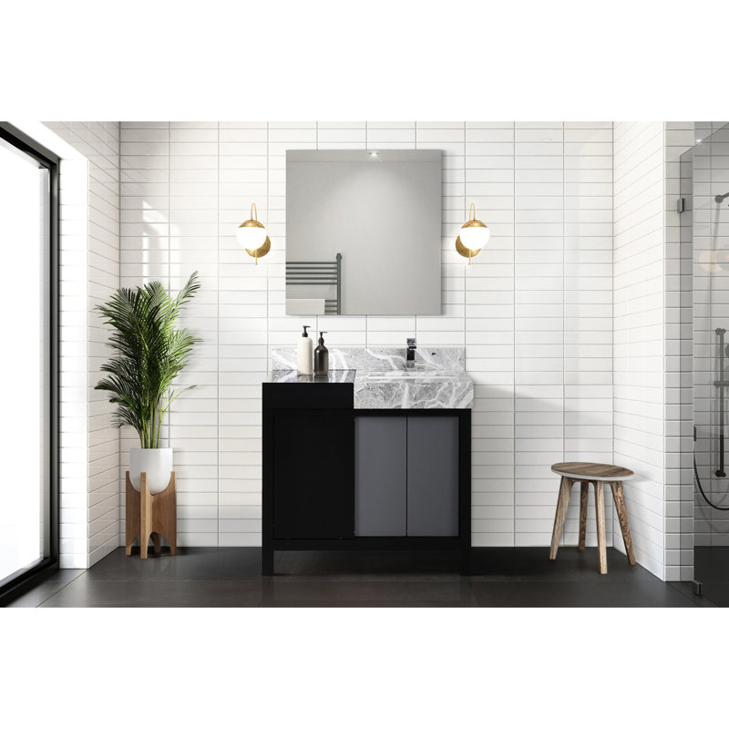 Meuble-lavabo noir et gris 42 po x 22 po - comptoir et robinet en marbre gris à fermeture en douceur, grand tiroir de rangement d'armoire avec trois tiroirs intérieurs, comptoir à taches Scratch 42 po 22 surfaces de salle de bain abondantes