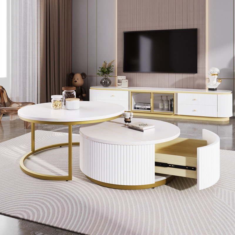 Modern Round Nesting Coffee Table Fluted With Drawer, White, 15.7" H x 31.5" L x 31.5" W