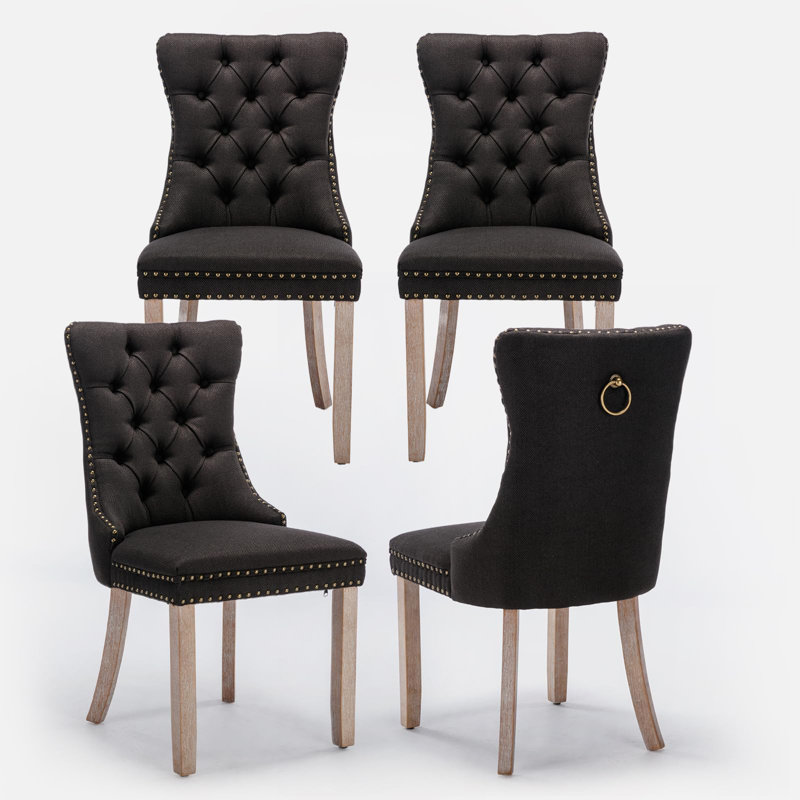 High-end Tufted Velvet Upholstered Nailhead Dining Chair, Gray, Light Brown
