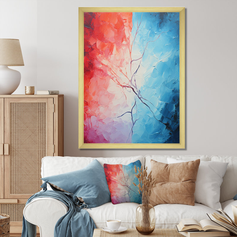 Feu et glace Tachisme arbre II - art mural tachisme, Cadre doré simple, H 40 po x l 30 po x P 1,5 po
