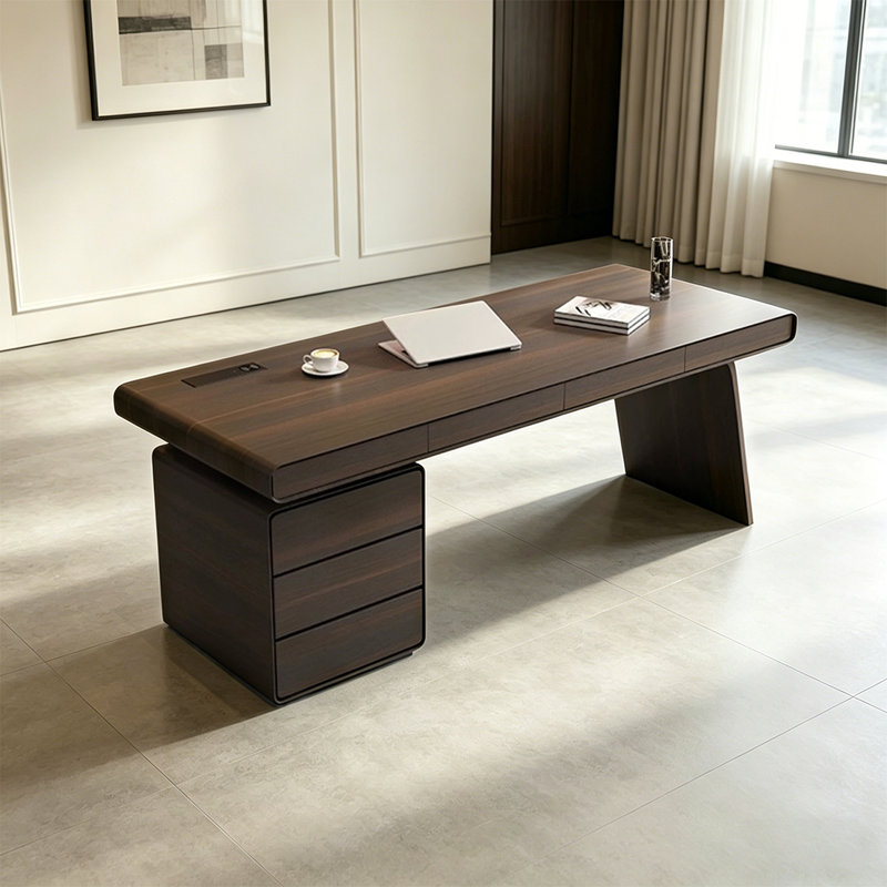 Bureau double caisson rectangulaire en bois massif avec tiroirs