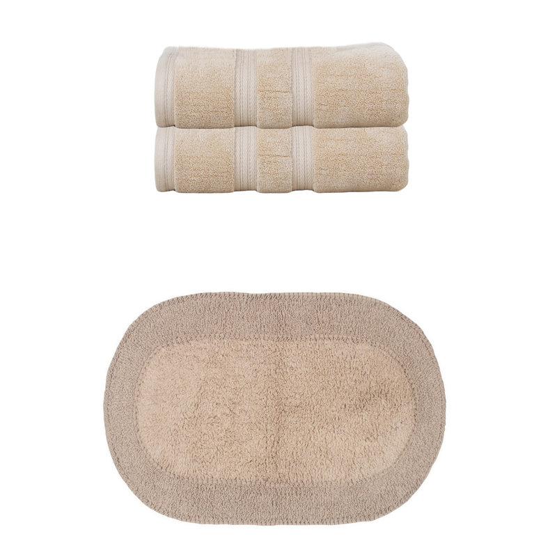 Ensemble de serviettes de bain et tapis de bain 100% coton Brunk Collection, Lin, Ensemble 3 serviettes de bain