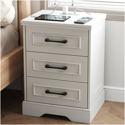 Valera Farmhouse Nightstand With Charging Station, Solid Wood End Table With 3 Large Drawers & Bar Handles